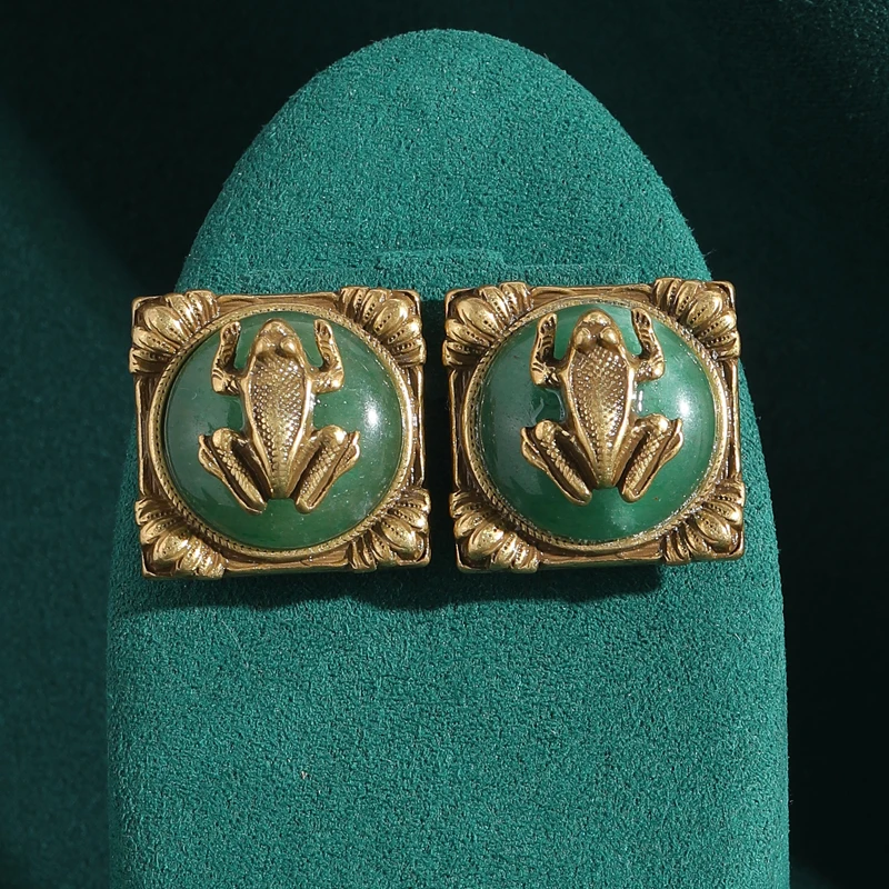 3 Color Vintage Square Glazed Toad Stud Earrings Wedding For Woman Gold Color Party Luxury Jewelry Designers Brand Accessories