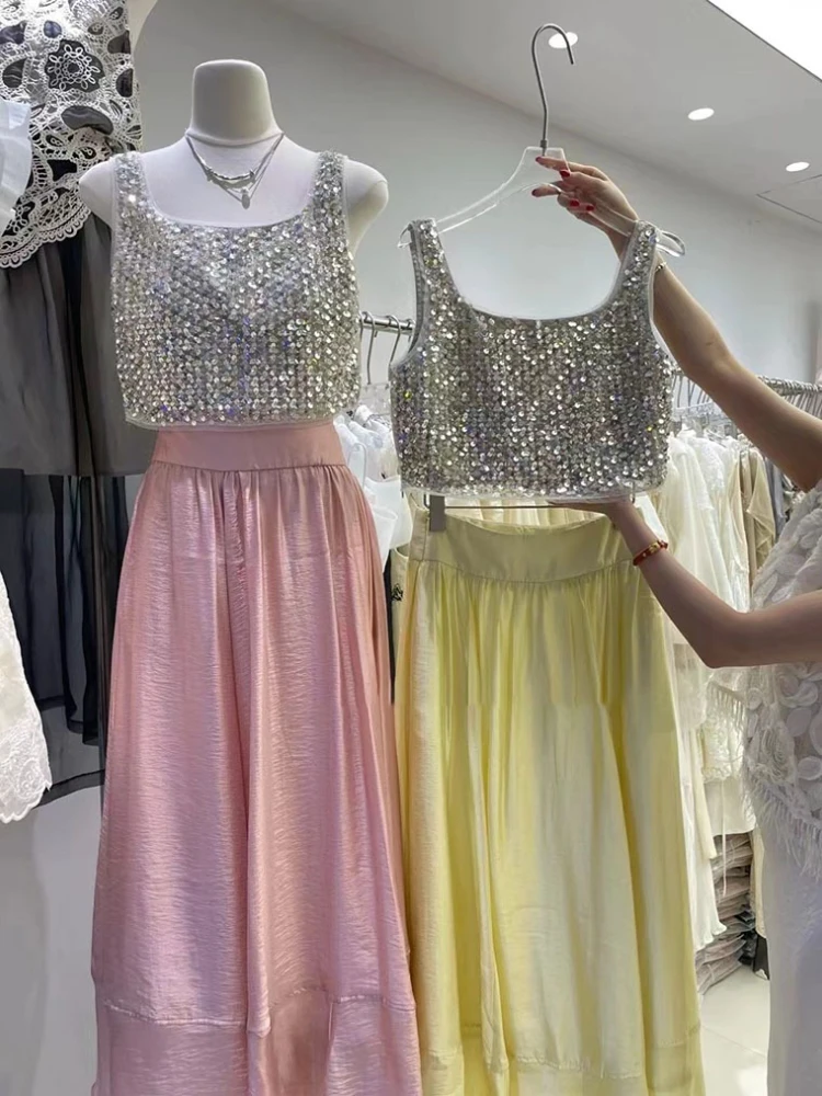 Été 2025 nouvelle industrie lourde paillettes débardeur taille haute jupe longue haut tendance et jupe élégant deux pièces ensembles