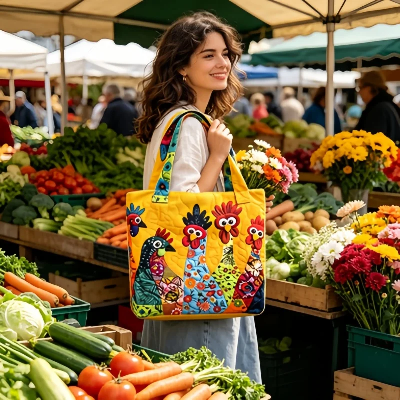 

Thick Quilted Chicken Print Tote Bag, 2Pcs Set Rooster Design Handbag with Cosmetic Bag, Wear-Resistant