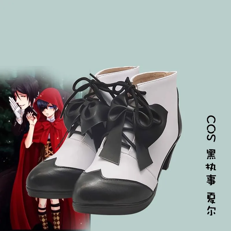 

Black Butler Ciel Cosplay Shoes Anime Leather Black White Boots Ciel Phantomhive Cosplay Costume Prop Shoes for Halloween Party