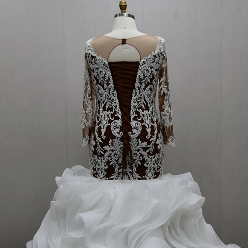 Vestido De Boda 長袖 O ネック プラスサイズのウェディングドレス レースアップ バック刺繍 ブライダルドレス