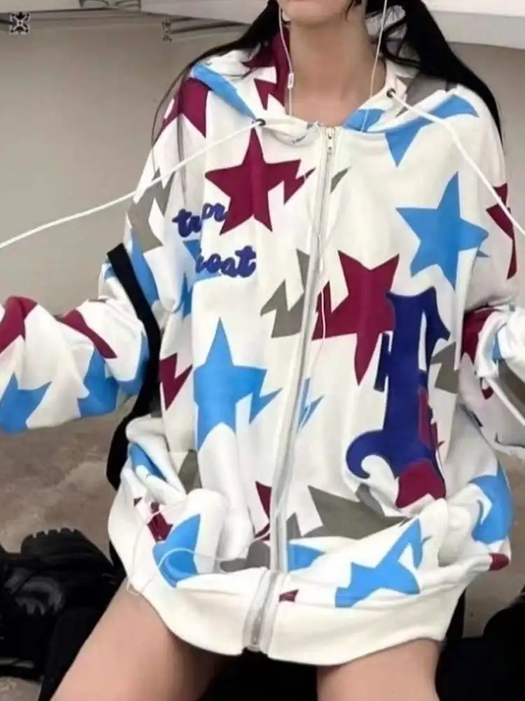 เสื้อคลุมมีฮู้ดแบบซิป สไตล์อเมริกันเรโทร ลายดาว แขนยาว ผ้าโพลีเอสเตอร์