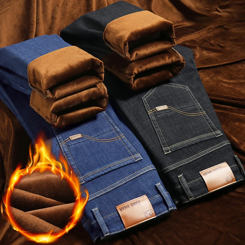 Novedad de invierno en pantalones vaqueros de negocios a la moda para hombre, pantalones vaqueros rectos informales clásicos cálidos de lana, pantalones vaqueros de marca para hombre, pantalones vaqueros negros y azules