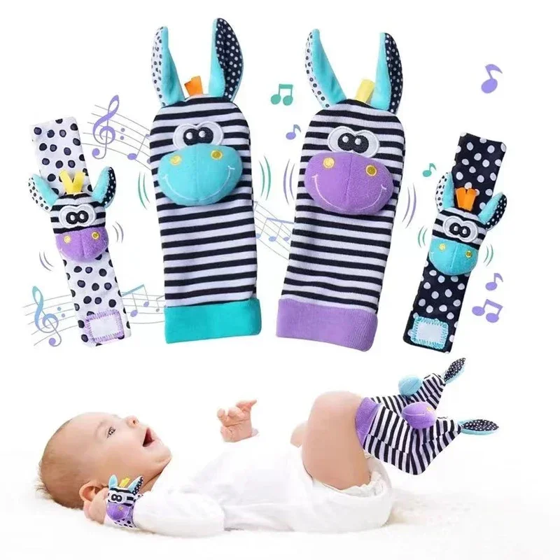 0-12m 4pcs/set Baby Rattles Toys Animal Socks Wrist Strap +Rattle Baby Foot Socks Bug Wrist Strap Toddler Socks Pacifier Toys