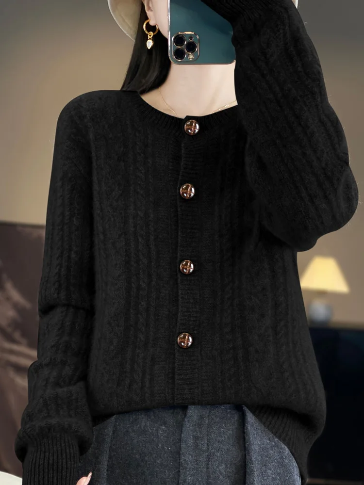 

Autumn Winter O-Neck Long Sleeve Solid Color Twisted Flower Cardigan Knitwear 100% Merino Wool Women Sweater Casual Tops Basic