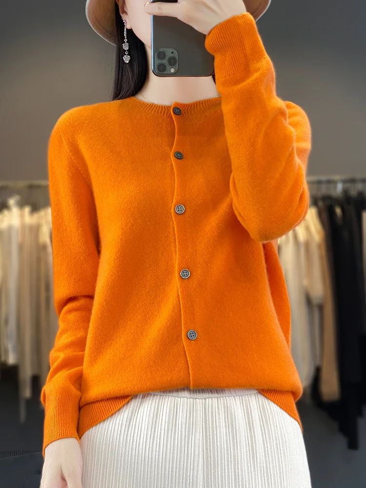 Autumn Winter O-neck Women Cardigan 100% Merino Wool High Quality Casual Solid Cashmere Sweater Long Sleeve Female Clothing Tops