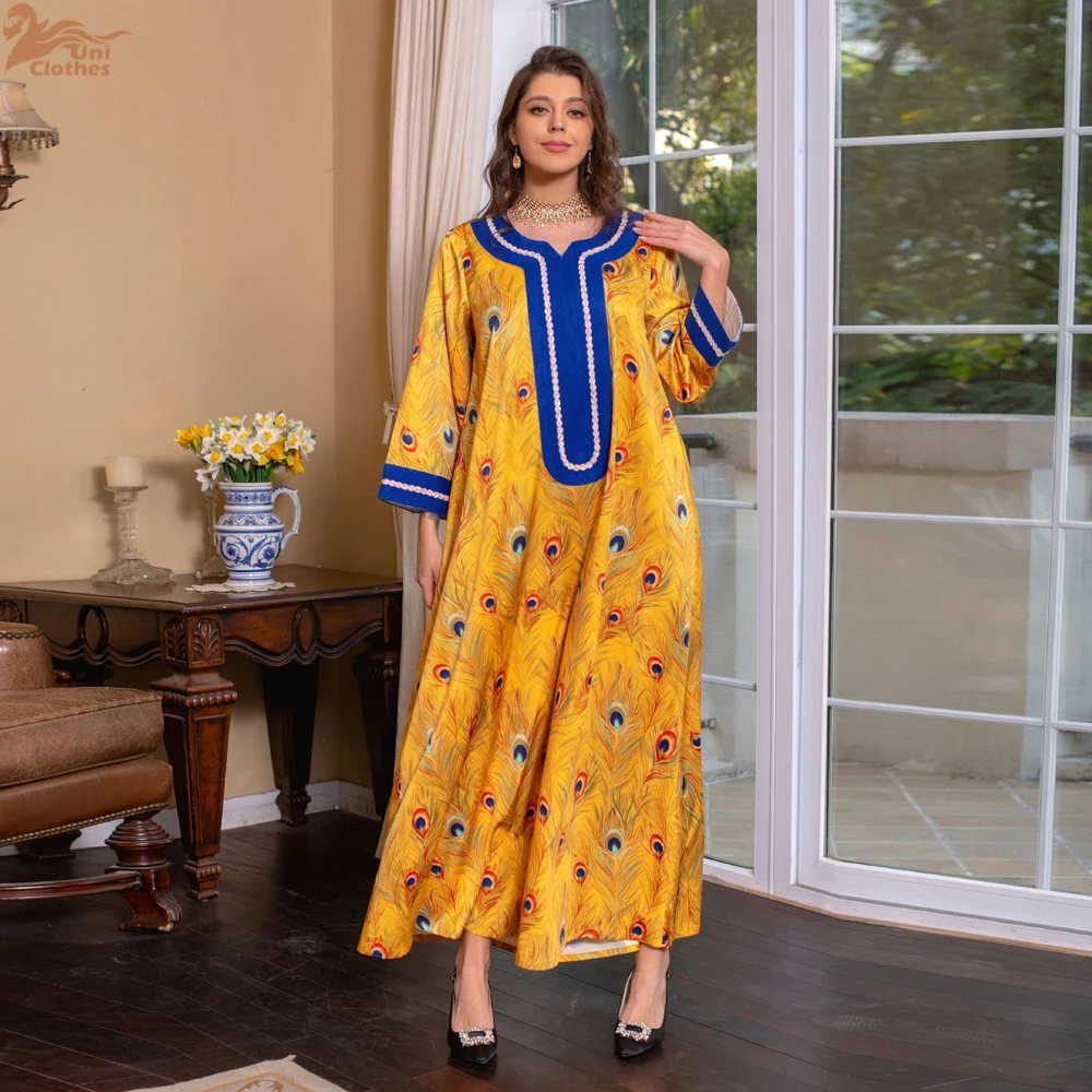 Turkey Dubai Muslim Ethnic Print Dress Contrast Color Diamonds Dresses Moroccan Kaftan Islam Long Abaya Jilbab Ramadan 2025