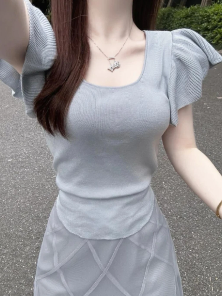 T-shirts Women Summer Fashion Elegant Youthful Tender Simple Solid Sexy Flying Sleeve Korean Style Breathable Charming Students