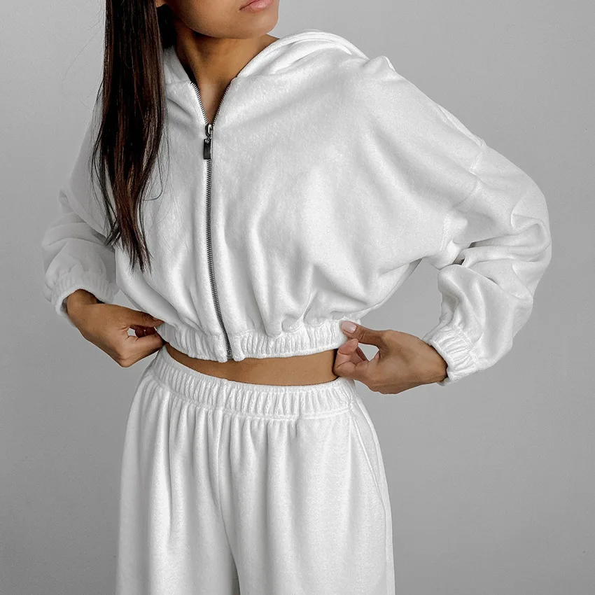 White sports hooded sweater trousers set 2026 design sense casual velvet two-piece set