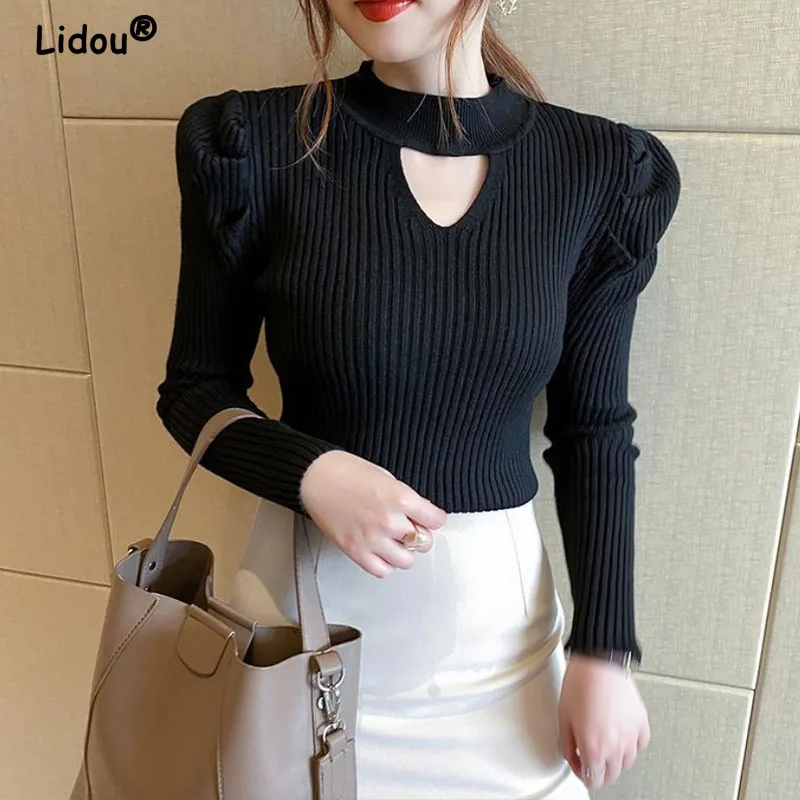 Korean Fashion Half Turtleneck Chic Hollow Knitted Pullovers for Women 2022 New Solid Color Sweater Multicolor Bottoming Blous