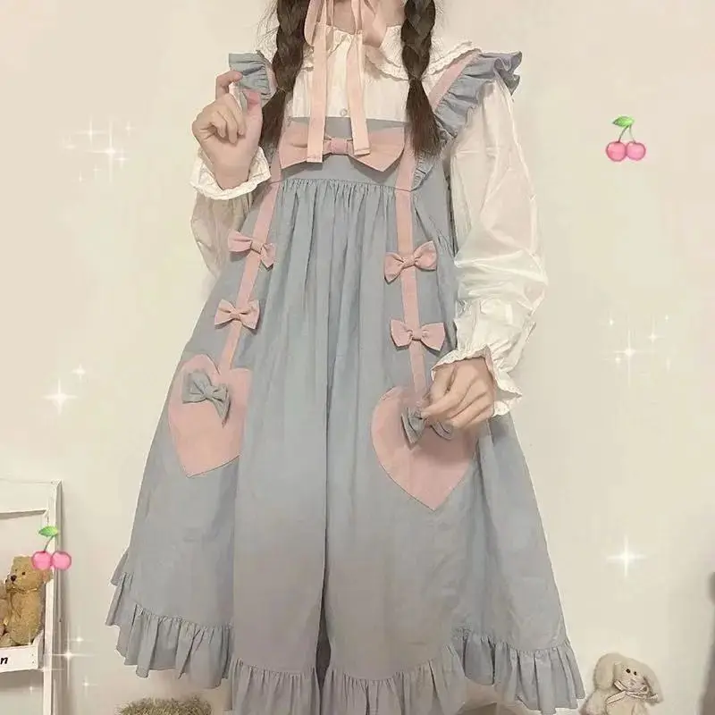 Lolita Blue Dress Kawaii Bow Ruffles Patchwork Short Dress Sweet Japanese Preppy Style Sleeveless Women Fashion Sundress