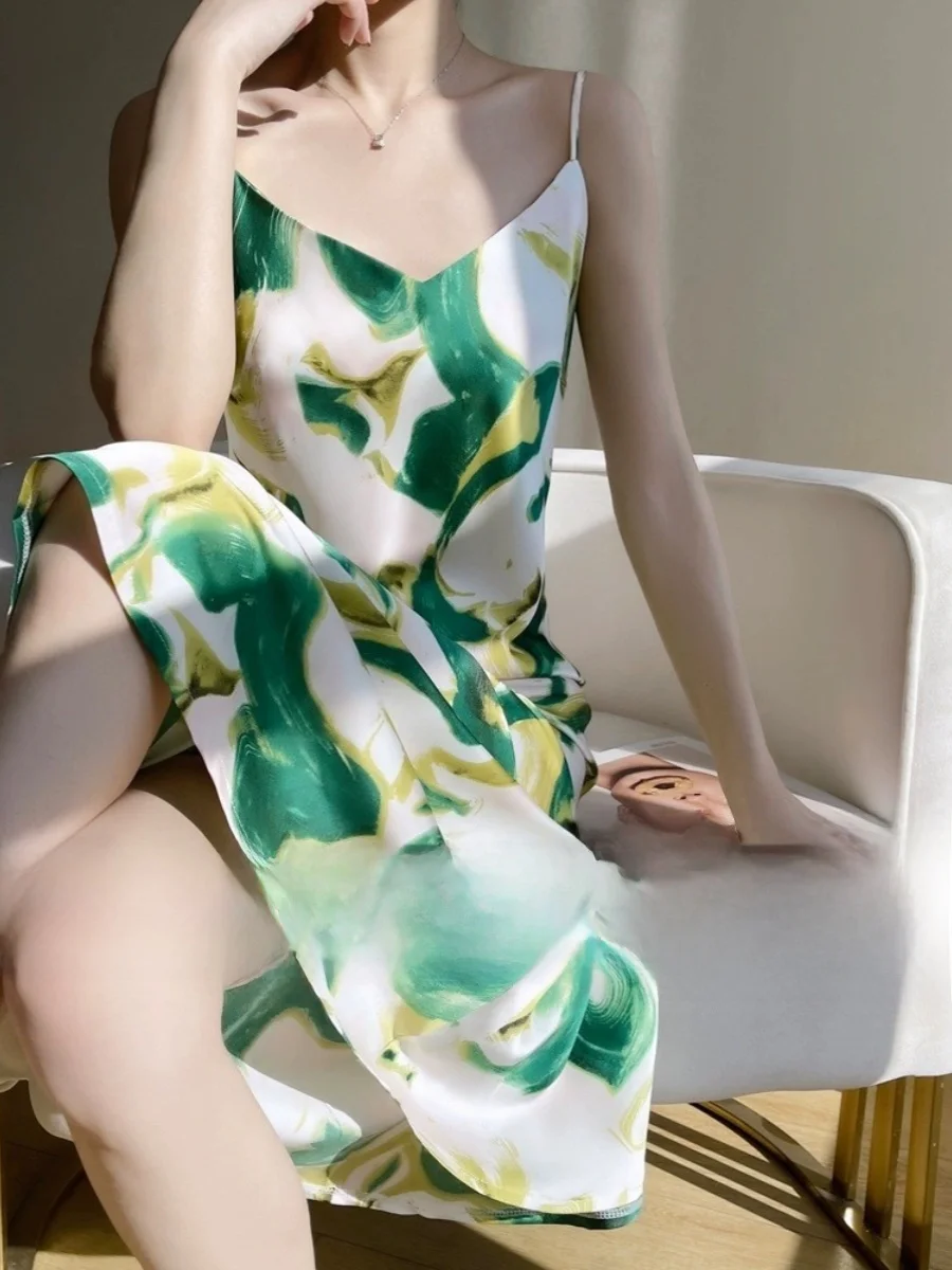 Ele cetim seda longo dr feminino verão sexy camada base colete dr a linha midi saia v-ne impressão casual chique dr