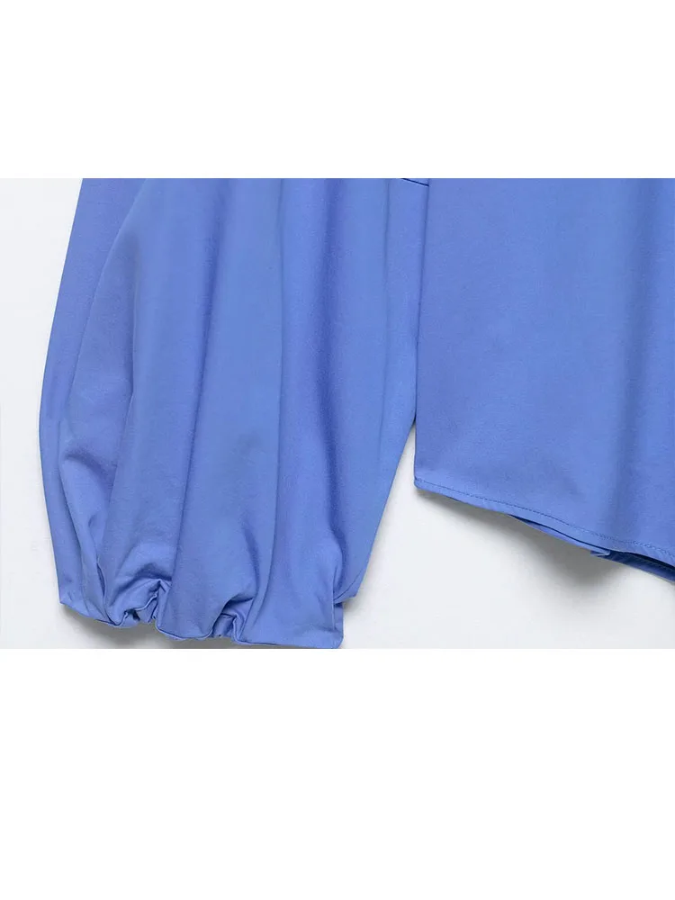 HH Damesmode Vintage Poplin-shirt met ronde hals en ballonmouwen Vrouwelijke High Street Casual Rits Lange mouw Pullover Tops Mujer