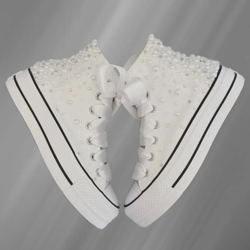 Hand-made thick soled white pearl rhinestones wedding party banquet large size canvas shoes high top casual women\'s shoes 35-40