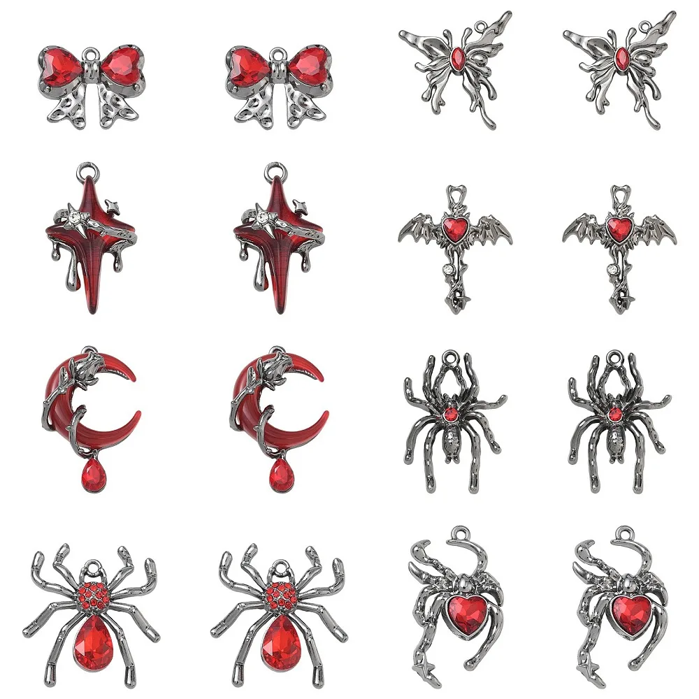 

16x Gothic Red Alloy Spider Rhinestone Charms Cross Butterfly Gunmetal Halloween Jewelry Decor for DIY Bracelet Necklace Making