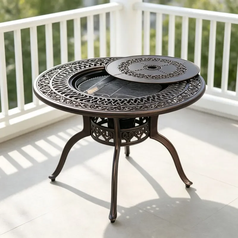 Outdoor Cast Aluminum Multi-functional BBQ Round Table with Hollow Carved Countertop Cover Plate and Grill Net