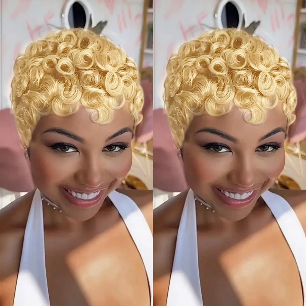 Афро-пушистый вьющийся парик 613 цветов в стиле пикси, вьющийся короткий вьющийся парик из человеческих волос, полный машинный парик, парики из человеческих волос для женщин