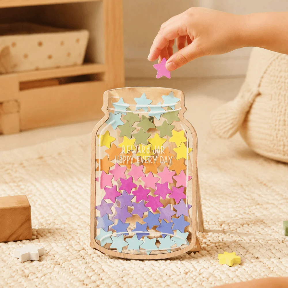 Multicolor Reward Jar Wooden Self-discipline Design Desktop Ornament Points Reward 45Pcs Star Flowers Motivational Reward Jar