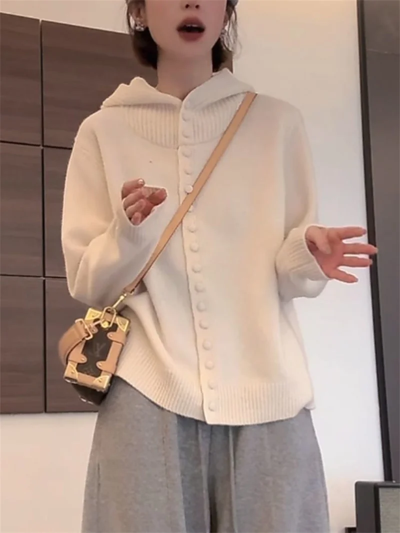 سترة بقلنسوة للنساء الخريف والشتاء كسول نمط لينة والغربية نمط سترة مشغولة من الصوف الراقية الشعور ملابس خارجية