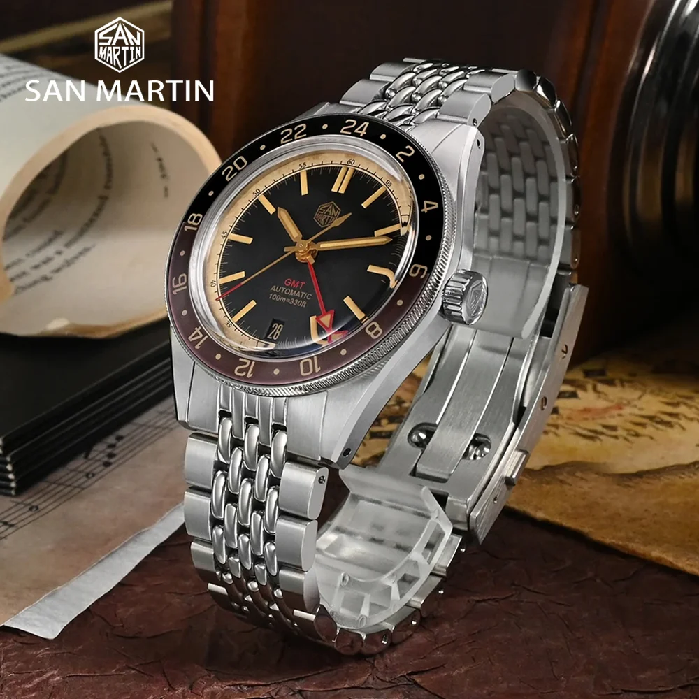 San Martin-Relógio Mecânico Automático Masculino, Moldura de Alumínio, Sapphire, Impermeável, Luxo, Novo, Original, NH34, GMT, 100m