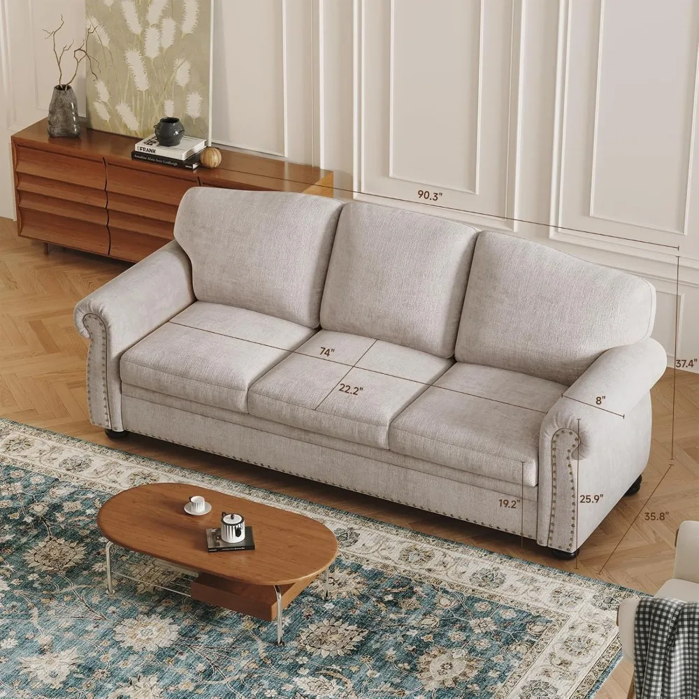 

90 Inch Nailhead Trim Couch for Living Room, 23 Inch Deep Seat Rolled Arm Sofa, Comfy Upholstered 3 Seater, Livings Rooms Sofas