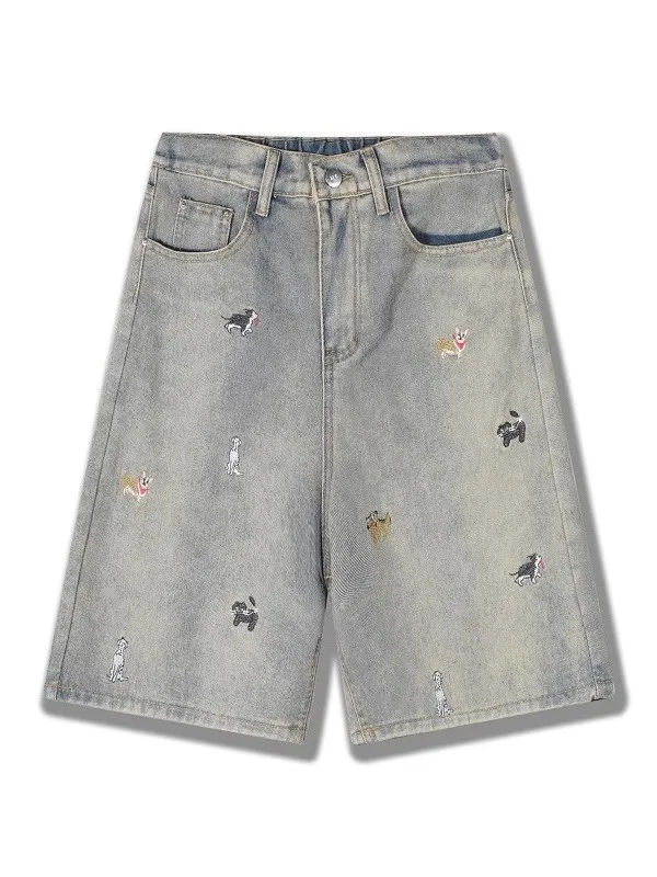 

Модные вышитые мужские летние тонкие джинсы-капри в американском стиле, свободного прямого кроя, широкие, повседневные, укороченные, свободного силуэта