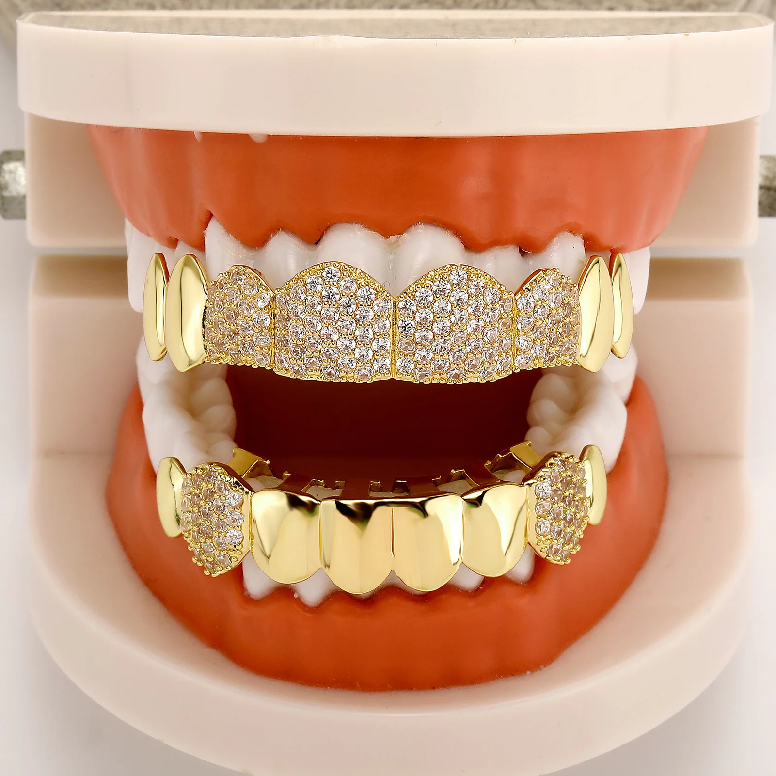 Hip Hop Vampire Fangs Teeth Grillz Mirror Surface Mixed Zircon Trendy Personalized Tooth Jewelry