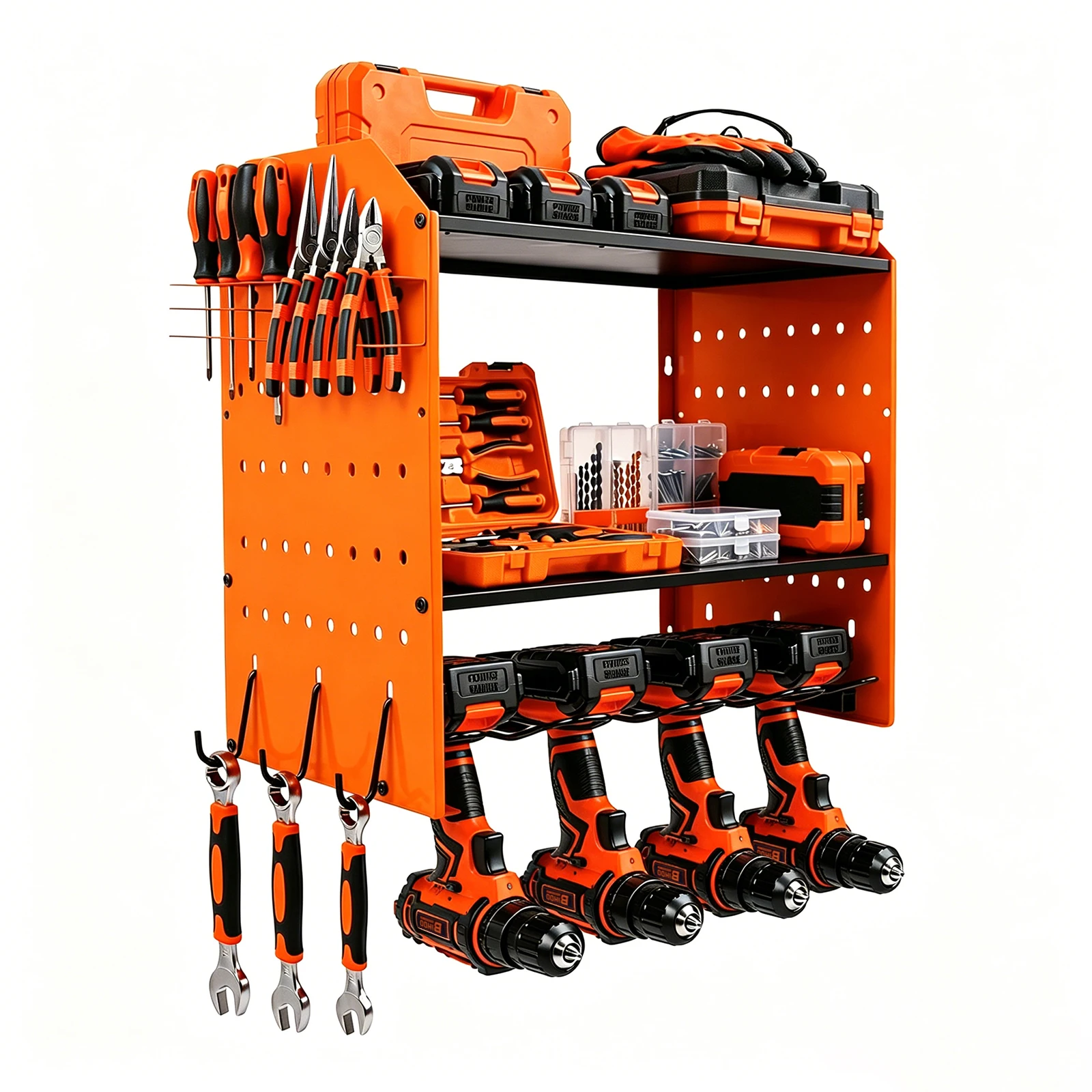 Robuster, an der Wand montierter Organizer für Elektrowerkzeuge, Akku-Werkzeugständer mit Stecktafel-Seitenständer und Haken – Detail 9