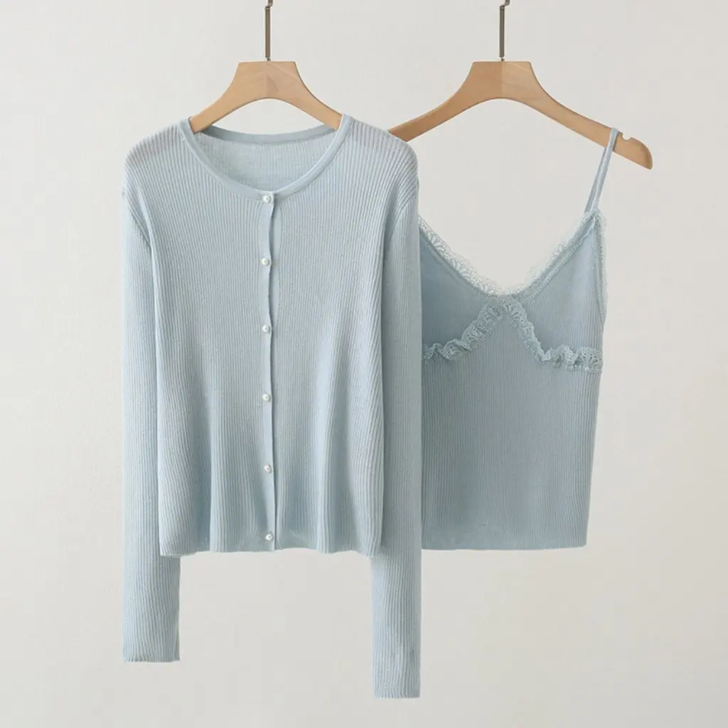 

B1YUE-836 Women's Korean Solid Color Strap Sweater Two-Piece Gentle Wind Early Autumn Fashion Wholesale