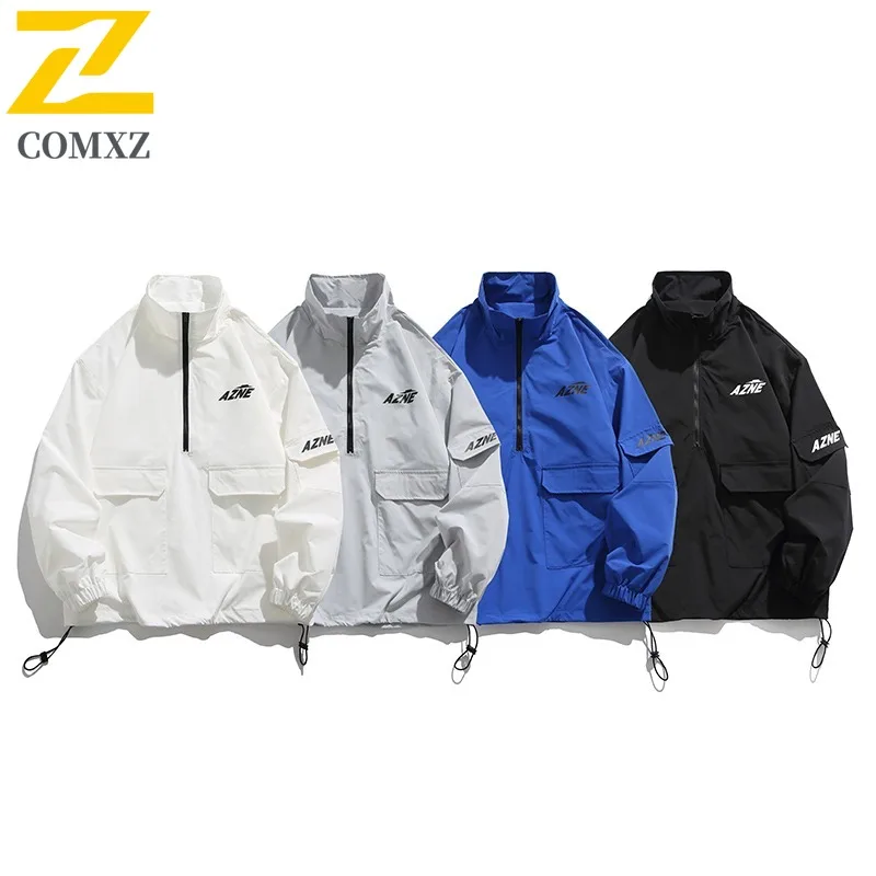 

COMXZ Mens Jacket Stand Collar Outdoor Adventure Lightweight Windbreaker Trendy Letter Design Windproof Autumn Motorcycle Jacket