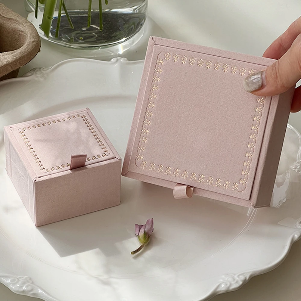 10pcs Pink Jewelry Packaging Box Vintage Flocked Wooden Velvet Paper Boxes For Ring Earrings Pearl Necklace Stud Luxury Storage