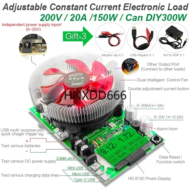 200V 150W Adjustable Electronic Load Tester for DC 12V 24V Lead-acid and Lithium Batteries