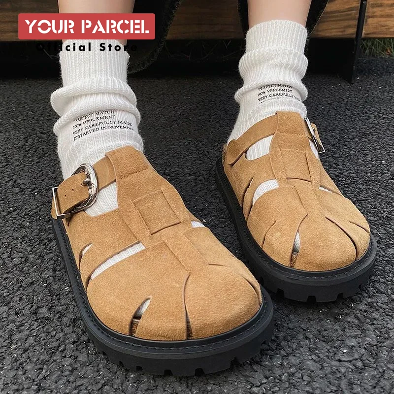 Original New Summer Birken shoes Men Woven Cowhide Elevated External Wearing Slippers Anti Odor Anti slip Hollow Beach Sandals