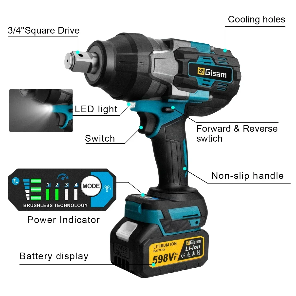 GISAM 3100N.M Brushless Electric Impact Wrench 3/4 Inch Cordless Torque Wrench Screwdriver Power Tool For Makita 18V Battery Pin
