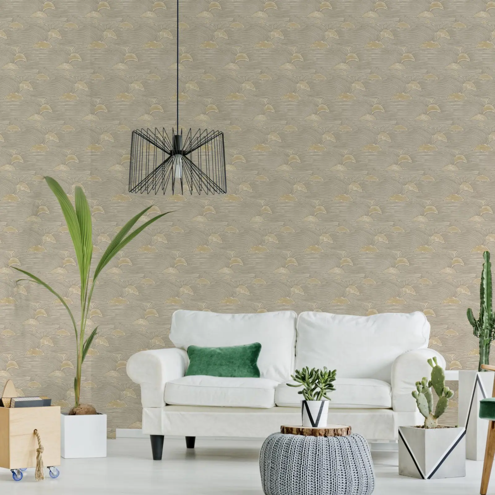 Sunrise Mustard Arches Boho wallpaper, Peel and Stick Wallpaper with Wavy clouds and setting sun in light silver effect