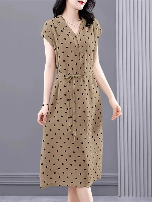 

Fashionable Polka Dot Women's Dress Loose Fit V-Neck A-Line Midi Summer Gown High Waist Casual Commute Style Printed Linen