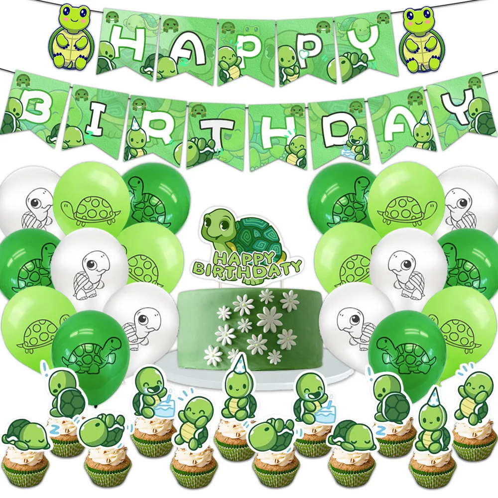 Cartoon Turtle Birthday Decoration Lovely Turtle Balloons Banners Cake Decor Kids Boys Girls Happy Turtle Birthday Party Decors