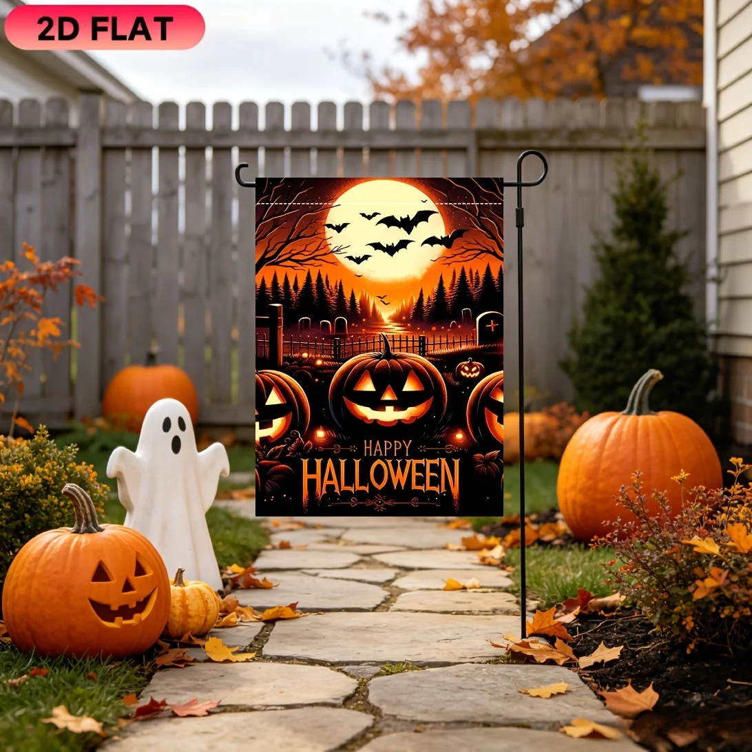 2D Flat Garden Flag 1 Piece, Red Moon Bat Halloween Garden Flag, Halloween Celebration Flag, Durable Polyester Material, Very Suitable for Garden, Lawn, Courtyard, Home, Outdoor, Beach Decoration Flags, Halloween Celebration Decoration Flags