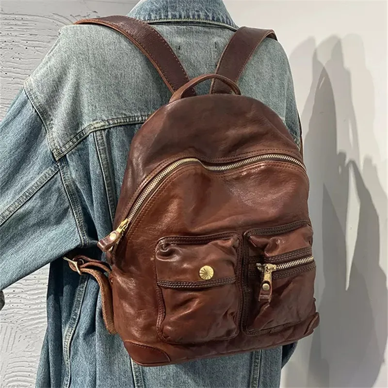 Vintage Designer Handmade Genuine Leather Large Capacity Multi-pocket Men's Women's Backpack Weekend Luxury Real Cowhide Bagpack