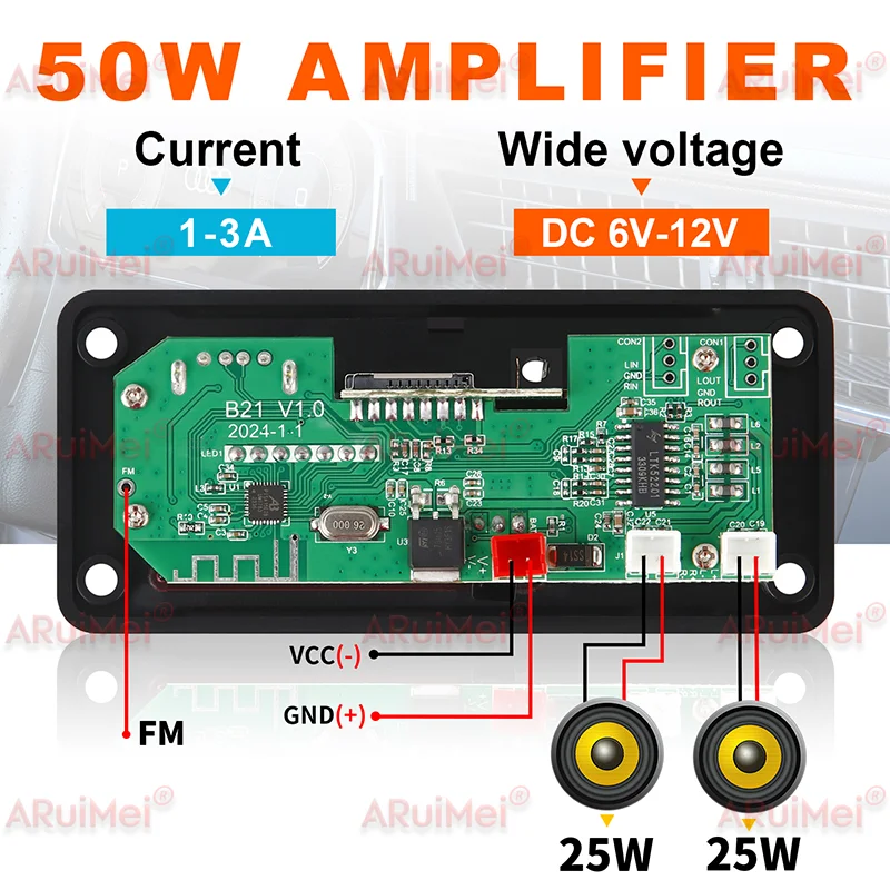 50W Amplifier Bluetooth MP3 WMA WAV Decoder Board 12V Handsfree Call USB TF FM Car Audio Music Player Speaker Volume Control