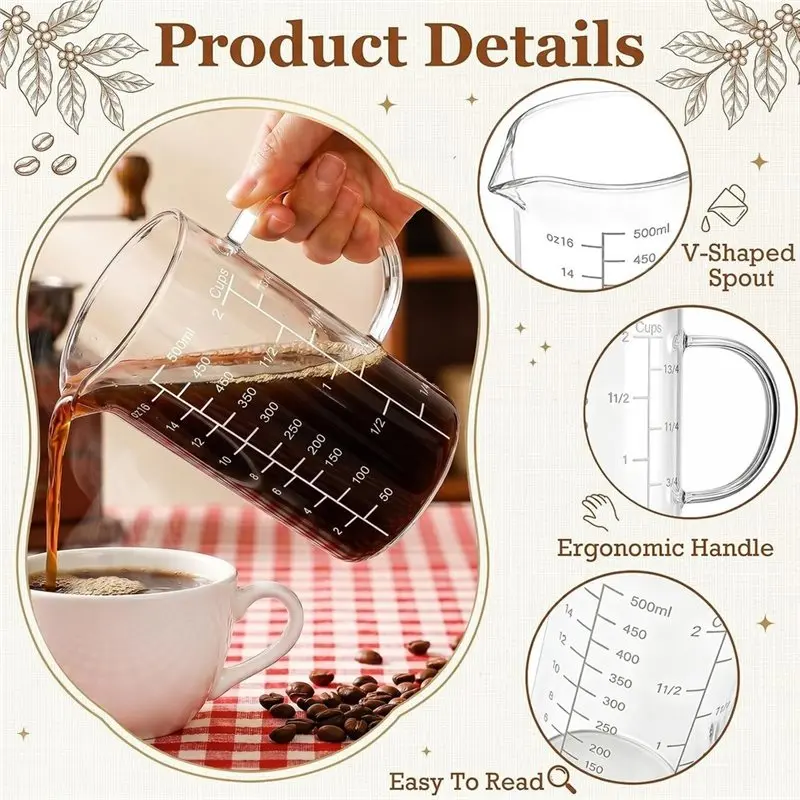 PHFU-Glass Liquid Measuring Cup 2 Pack 500ML 2 CUP With Handle,High Borosilicate Glass Beaker Three Scales