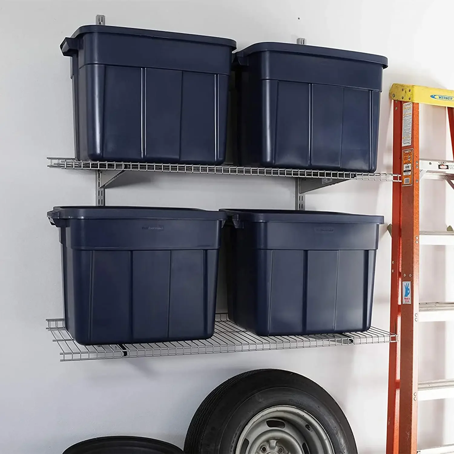 6 Pack, Made in USA, Black & Gray, Rugged Plastic Stackable Storage Bins with Lids and Handles