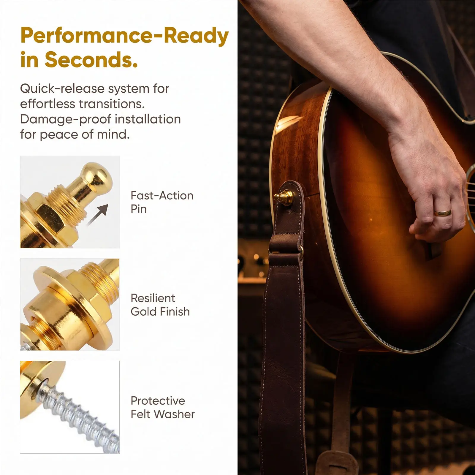 3Pcs Gold Guitar Strap Lock Pins Quick Release Secure Fit for Electric Acoustic Bass Guitar Strap End Buttons Music Accessories