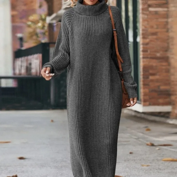 Winter New Women\'s Fashion Temperament Elegant Slim Fit Coat Long Woolen Dress Loose Casual High Neck Knitted Dress