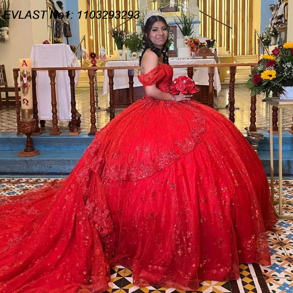

EVLAST блестящее красное платье Quinceanera по индивидуальному заказу, бальное платье с блестящей кружевной аппликацией, корсет из бисера, Sweet 16, Vestidos De 15 Anos E1QN419