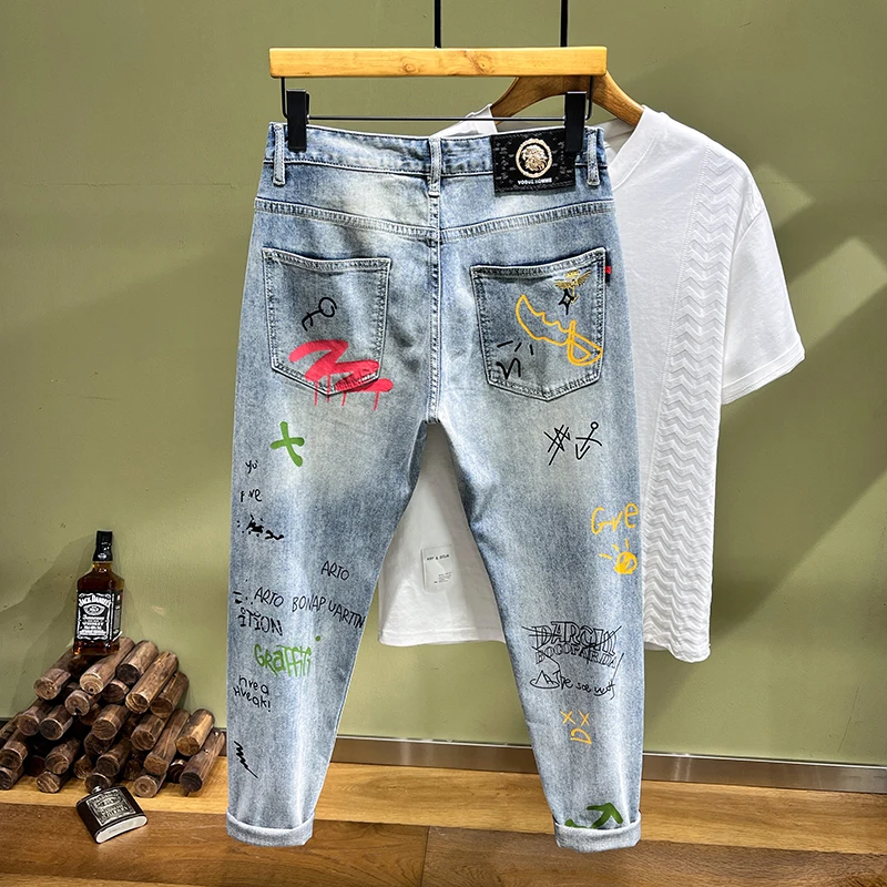 Hoge Kwaliteit Blue Jeans Heren Mode Street-Hop Persoonlijkheid Groene Brief Print Punk Stijl Jeans Stretch Slim Versie