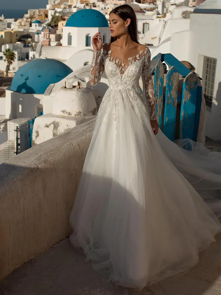 Vestido de Bohemia boda de manga larga para mujer, vestido de novia de tul transparente de lujo, color marfil, 2022