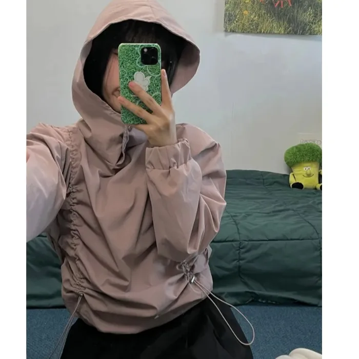 

Повседневный тренч на шнурке, однотонный, с капюшоном, ветровка-пуловер, весна-осень 2024, из полиэстера, с длинными рукавами