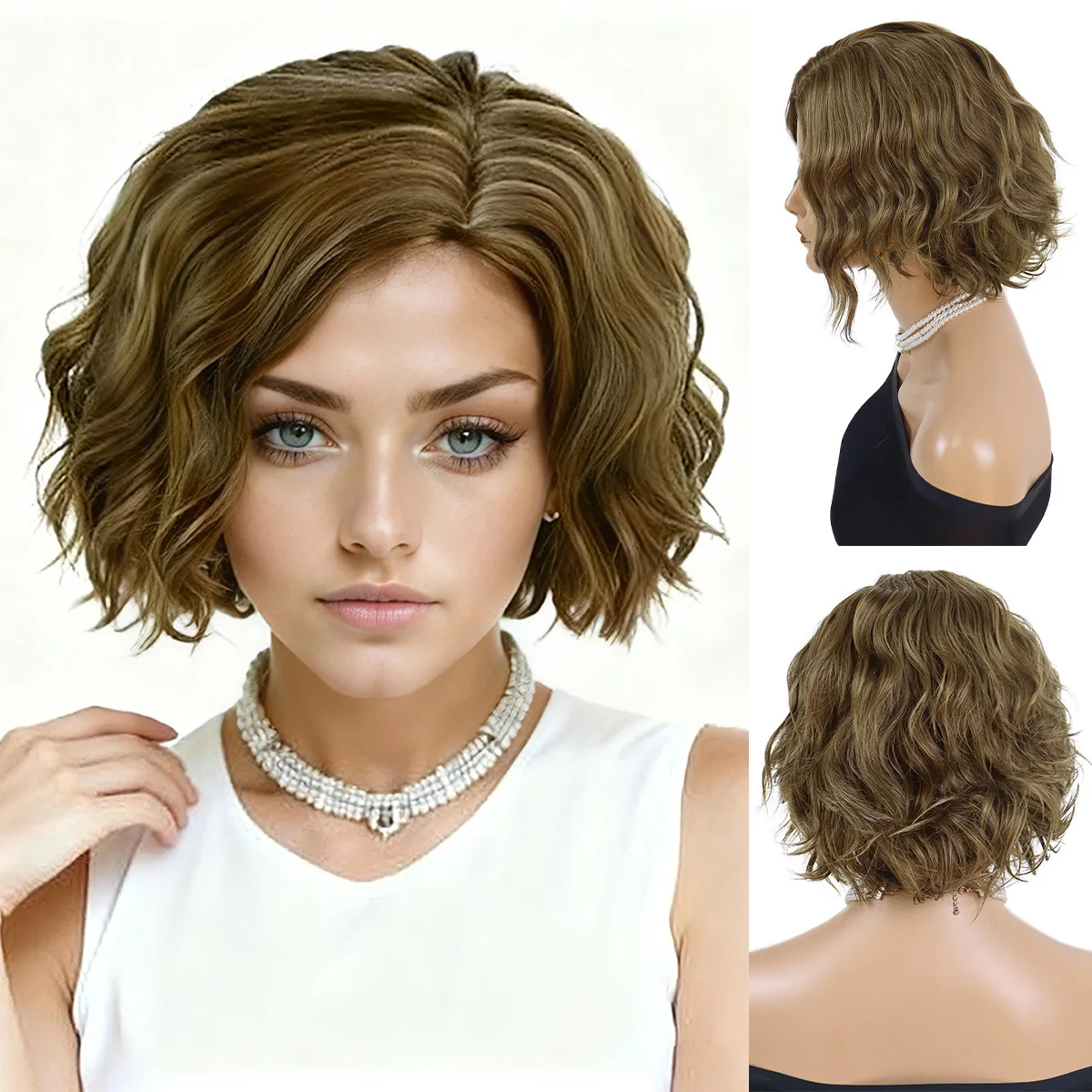 

Синтетические каштановые волосы 12-дюймовый короткий волнистый парик с кудрями с боковой челкой Элегантный стиль Женские парики Вечерние повседневные парики для мамы