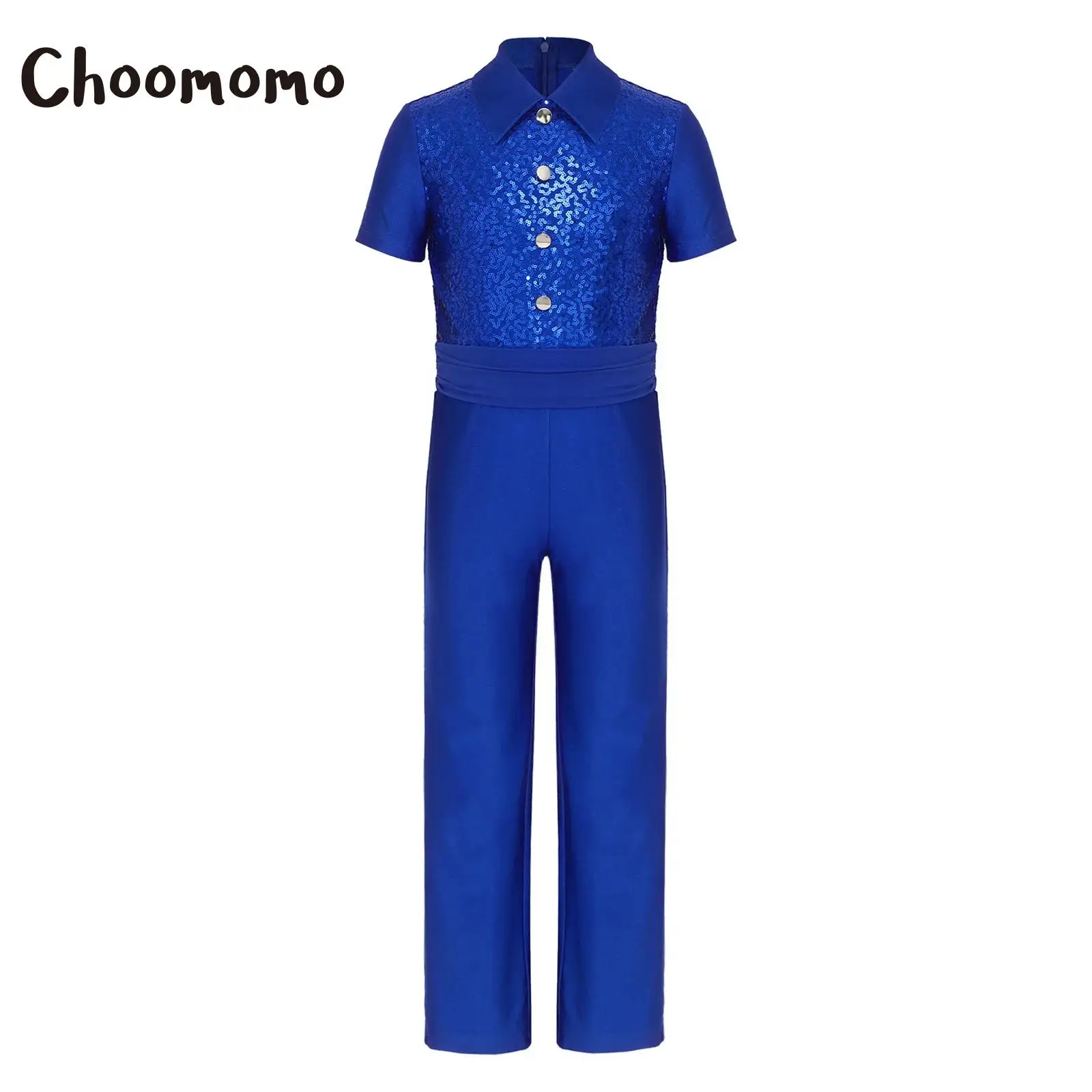 

Kids Boys Sparkle Sequins Dance Leotard Turn Down Collar Short Sleeve Long Pants Bodysuit Gymnastics Skating Latin Dance Suit